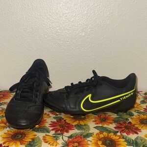 Nike Tiempo Black and Neon Yellow Cleats size 5Y